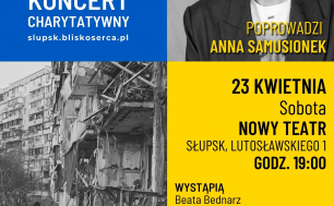 Plakat koncertu ze zdjęciem zburzonego budynku i obok fotografia Anny Samusionek